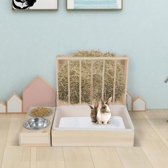 Rabbit Hay Feeder, Rabbit Hay Rack with Plastic Cat Litter Box, Toilet, Bowls and Water Bottle, Hay Rack Rabbit Wood for Guinea Pigs, Hamsters, Small Animals (4 in 1) Rabbit Hay Feeder, Rabbit Hay Rack with Plastic Cat Litter Box, Toilet, Bowls and Water Bottle, Hay Rack Rabbit Wood for Guinea Pigs, Hamsters, Small Animals (4 in 1)