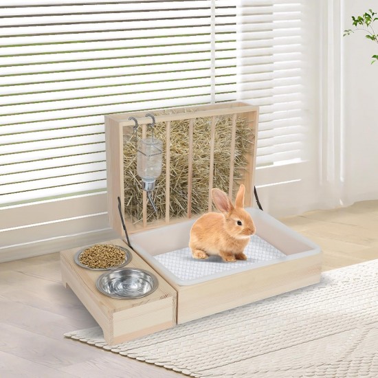 Rabbit Hay Feeder, Rabbit Hay Rack with Plastic Cat Litter Box, Toilet, Bowls and Water Bottle, Hay Rack Rabbit Wood for Guinea Pigs, Hamsters, Small Animals (2 in 1) Rabbit Hay Feeder, Rabbit Hay Rack with Plastic Cat Litter Box, Toilet, Bowls and Water Bottle, Hay Rack Rabbit Wood for Guinea Pigs, Hamsters, Small Animals (2 in 1)