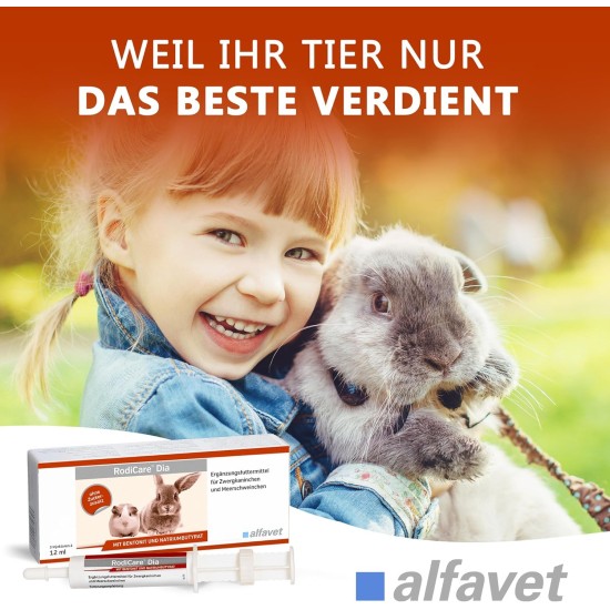 Alfavet RodiCare Dia, Supplementary Feed for Dwarf Rabbits and Guinea Pigs, Diarrhoea with Sodium Butyrate, Sugar-Free, 3 x 12 ml Injectors Alfavet RodiCare Dia, Supplementary Feed for Dwarf Rabbits and Guinea Pigs, Diarrhoea with Sodium Butyrate, Sugar-Free, 3 x 12 ml Injectors