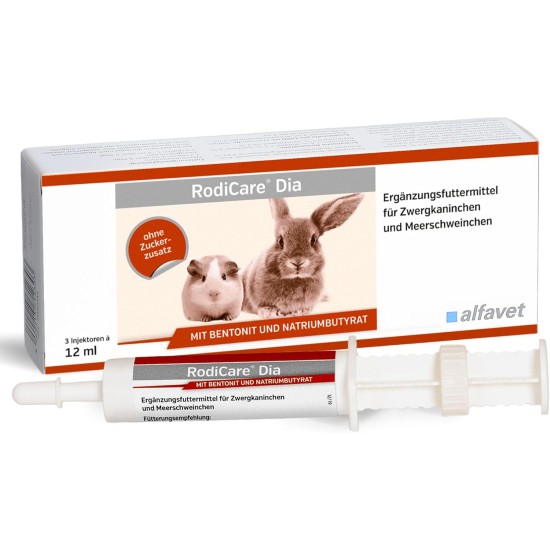Alfavet RodiCare Dia, Supplementary Feed for Dwarf Rabbits and Guinea Pigs, Diarrhoea with Sodium Butyrate, Sugar-Free, 3 x 12 ml Injectors Alfavet RodiCare Dia, Supplementary Feed for Dwarf Rabbits and Guinea Pigs, Diarrhoea with Sodium Butyrate, Sugar-Free, 3 x 12 ml Injectors