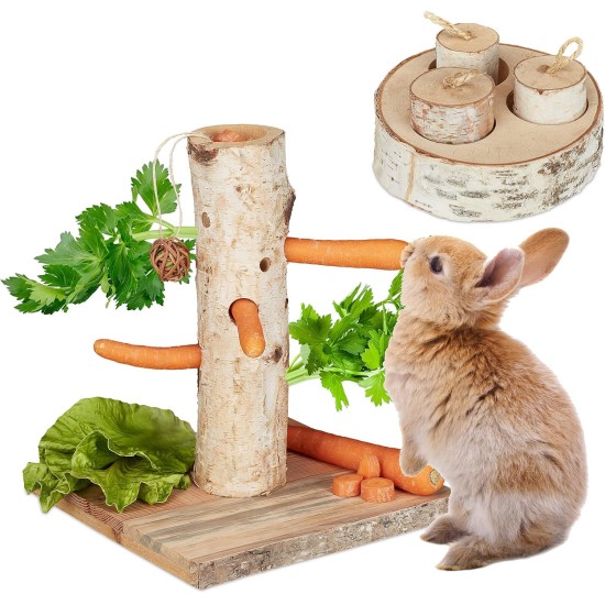 Relaxdays Rabbit Toy, 2-Piece Set, Rodent Tree & Intelligence Toy, Wood, Accessories, Guinea Pigs, Rabbits, Natural